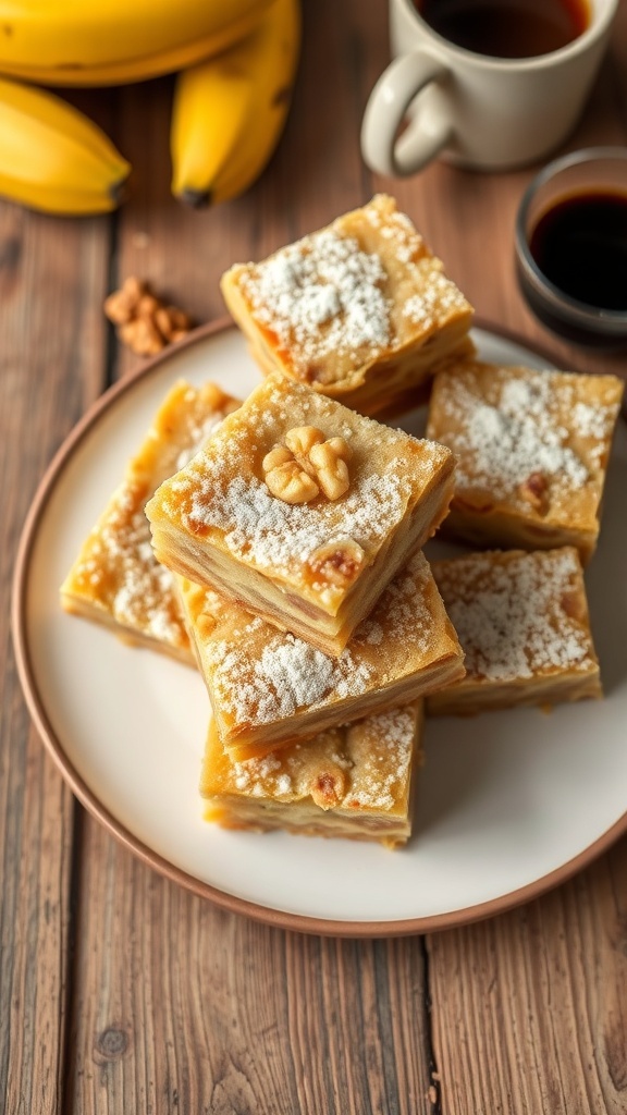 Moist banana bread bars on a plate, garnished with powdered sugar, with bananas and coffee in the background.